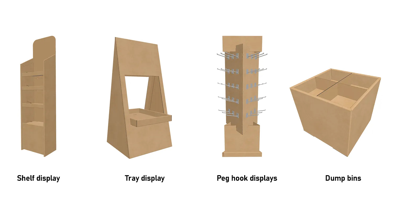EngView 3D models of four corrugated cardboard retail display types: shelf display, tray display, peg hook display, and dump bin. 