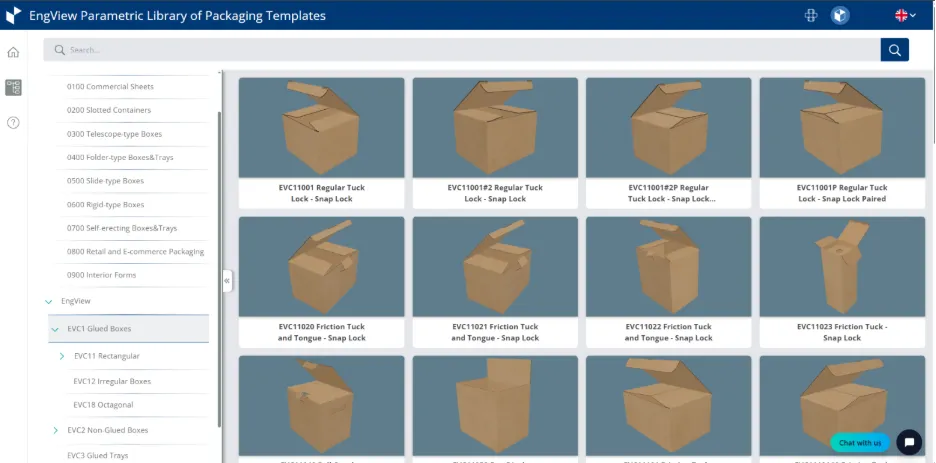 Captura de tela da Biblioteca Paramétrica de Modelos de Embalagens do EngView mostrando uma grade de designs personalizados de caixas de papelão ondulado, incluindo modelos com travas e abas de encaixe