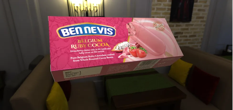Renderização 3D da embalagem do sorvete Bennevis Belgium Ruby Choco com morangos, destacando cobertura de chocolate rosa e morangos.