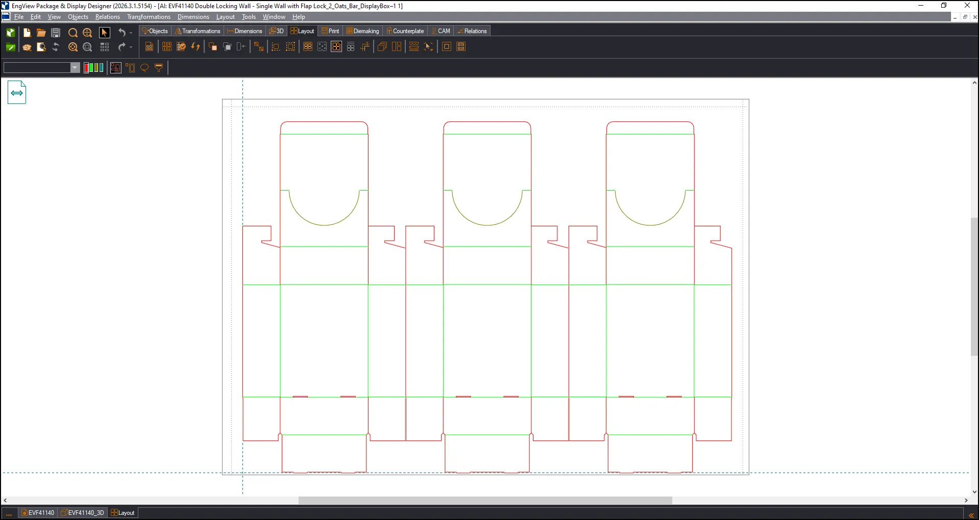Folding carton layout in EngView Package & Display Designer showing multiple box designs arranged on a production sheet with cutting and creasing lines.