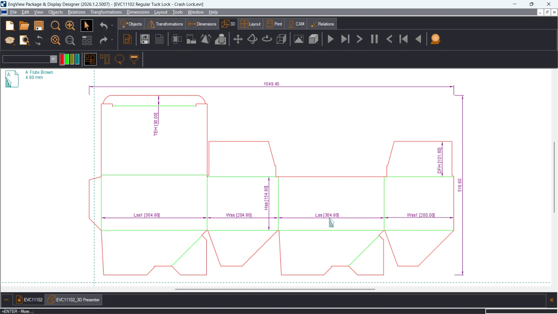 Packaging dieline with displayed length, width, height, and panel dimensions in EngView Package & Display Designer. 