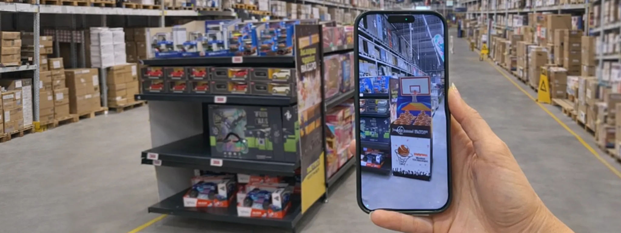 EngView AR feature visualizing a corrugated retail display at full scale in a store environment through a smartphone.