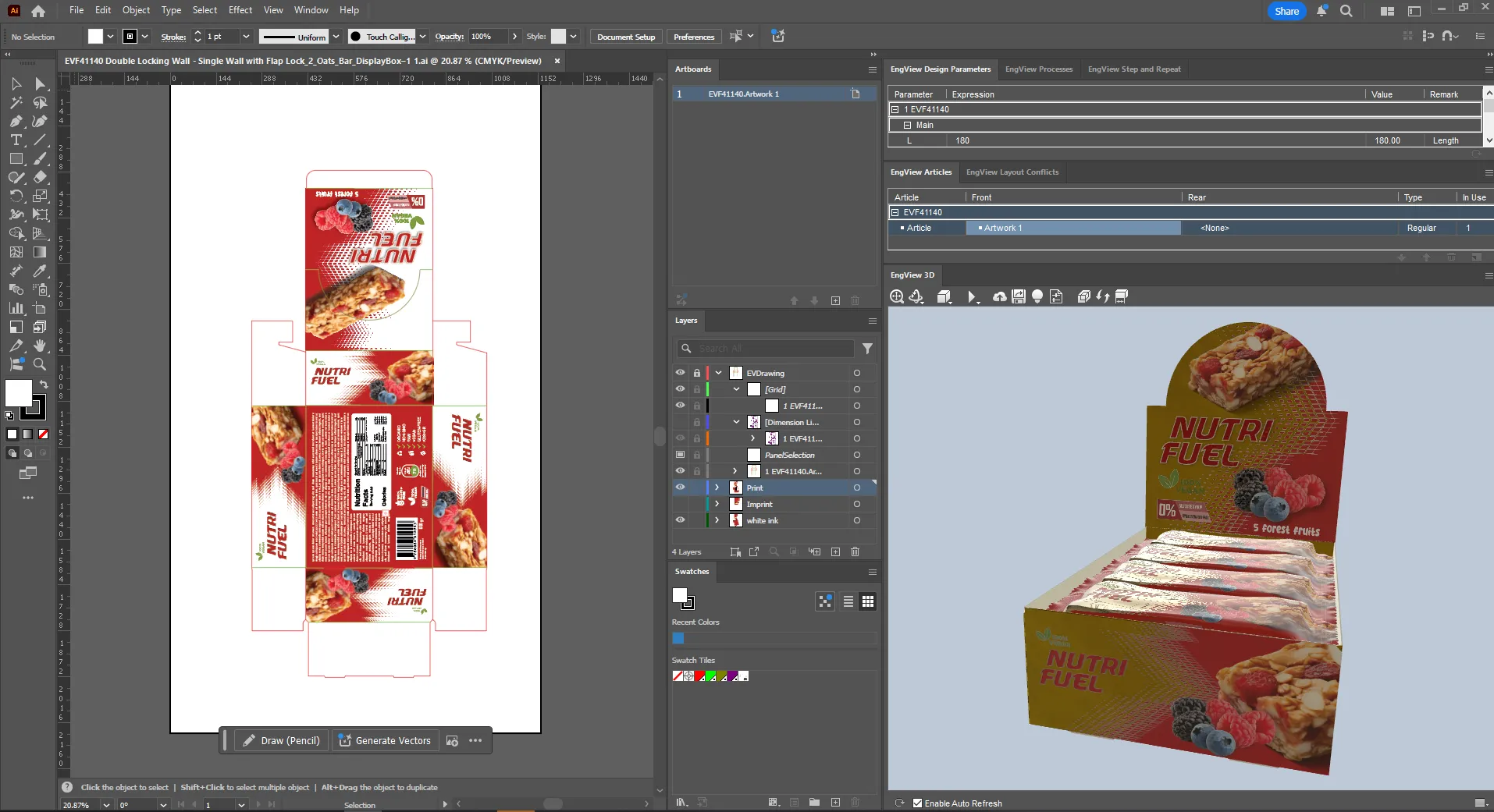Packaging artwork positioned on a dieline beside its folded 3D preview