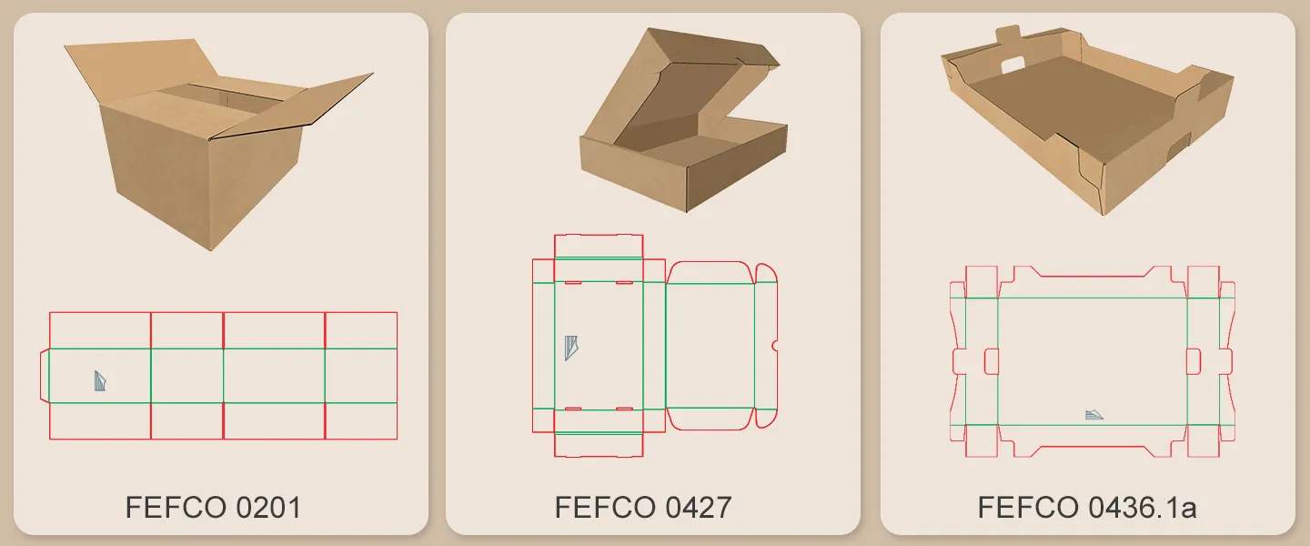 Exemplos dos códigos FEFCO mais populares da Biblioteca EngView