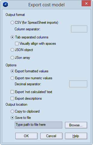 Export Cost Model Dialog